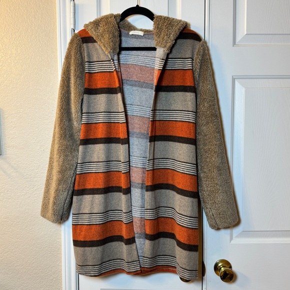ODDY Sweaters - ODDY Tan & Orange Stripe Hooded Cardigan Sweater W/Furry Hood & Long Sleeves